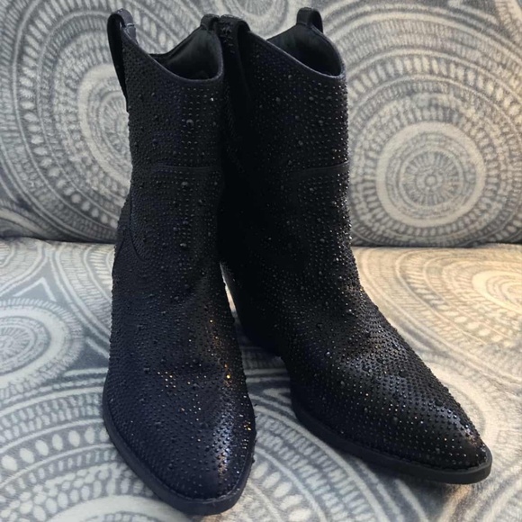 Rhinestone Cowboy Bling Bling Sparkly Pointed Toe Western Bootie Black sz 9 - Picture 10 of 10